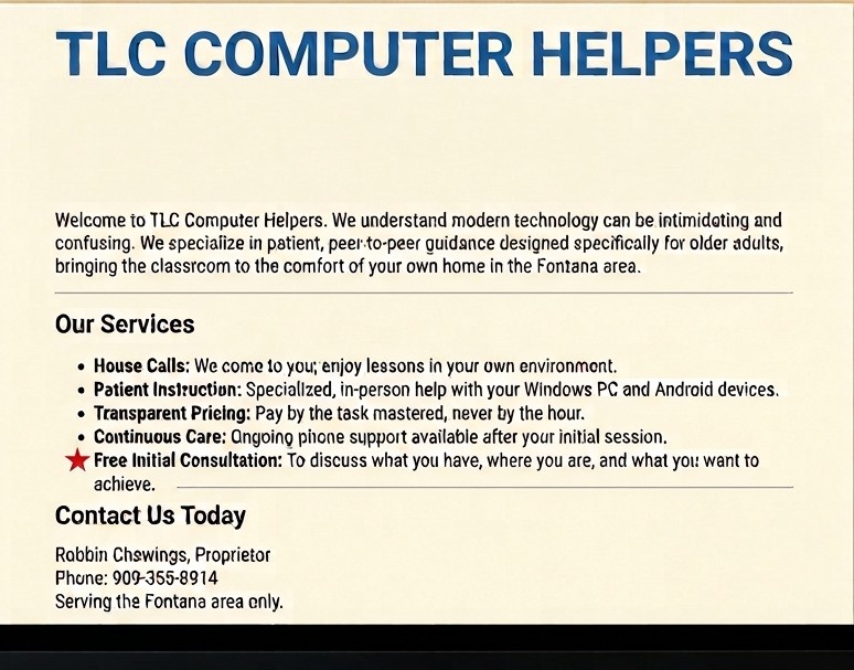 TLC Computer Helpers flyer: Patient, peer-to-peer computer guidance for older adults. Specializing in Windows PC and Android devices. Servicing the Fontana area.